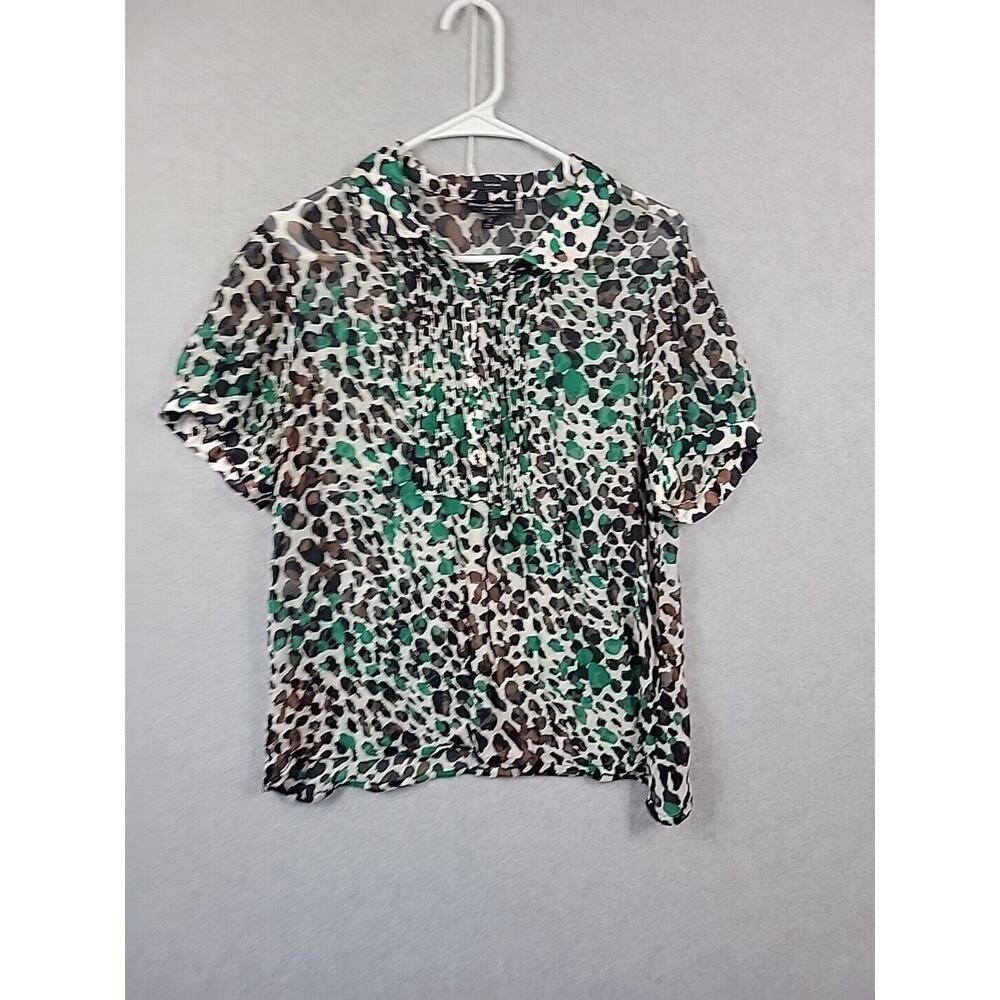 Behnaz Sarafpour Target 100% Silk Green Camo SS Semi Sheer Blouse Women's XL